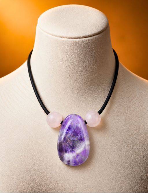 Collier corde et pierres, composition unique Améthyste et quartz rose