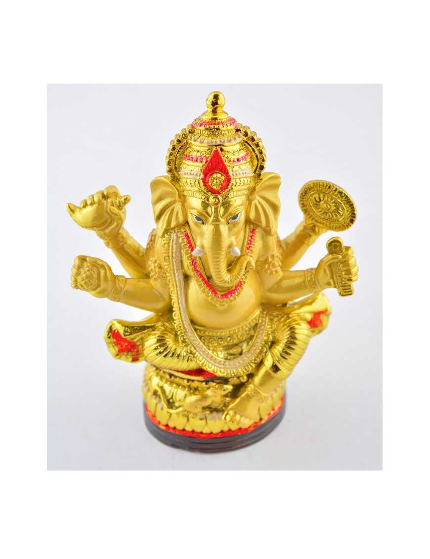 Statue Ganesha assis 12.5 cm - Or et rouge en résine