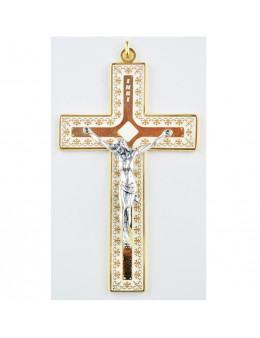 Croix métallique avec émail blanc et Christ