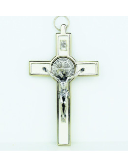Croix Saint Benoit en métal chromé et émail coloré 13 cm