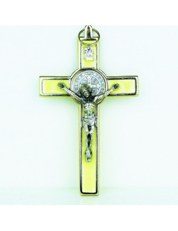 Croix Saint Benoit en métal chromé et émail coloré 13 cm