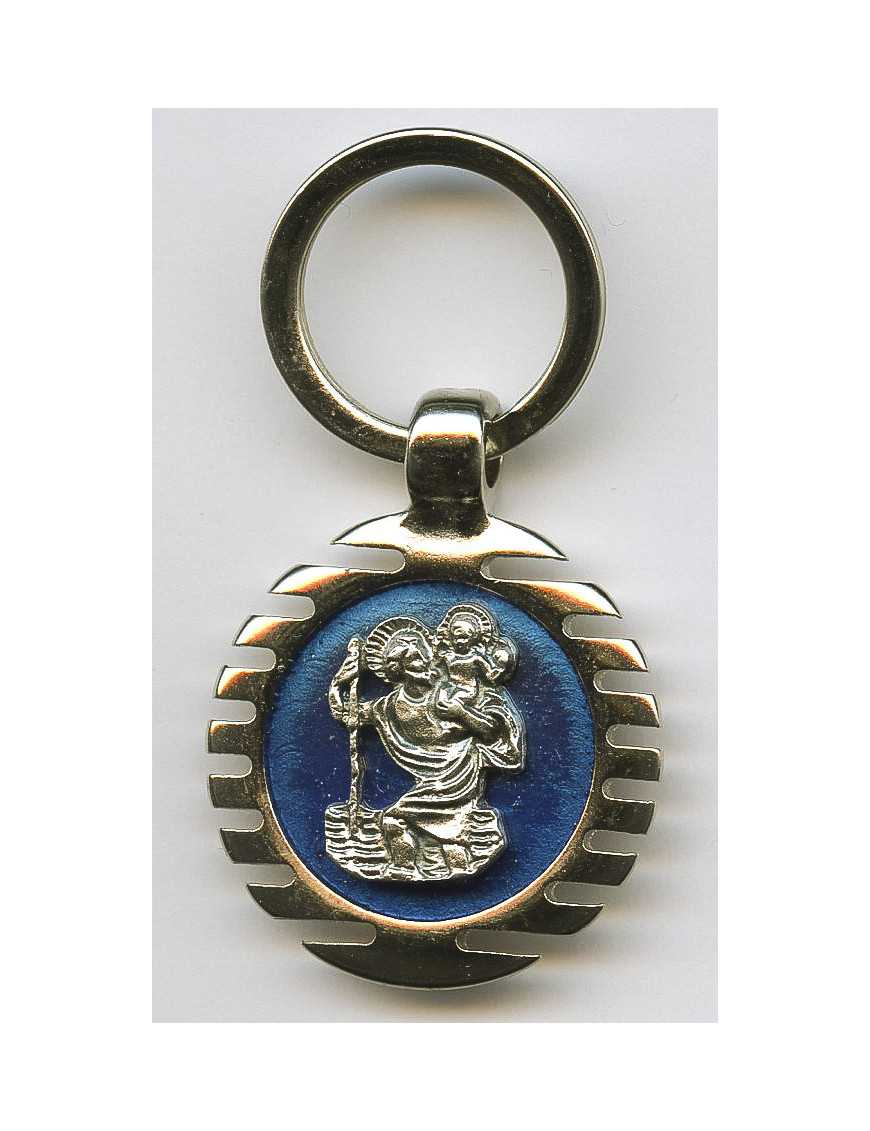 Porte clés rond Saint Christophe émaillé bleu.