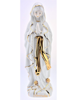 Statue Notre-Dame de Lourdes en céramique émaillée blanche et dorée 25 cm
