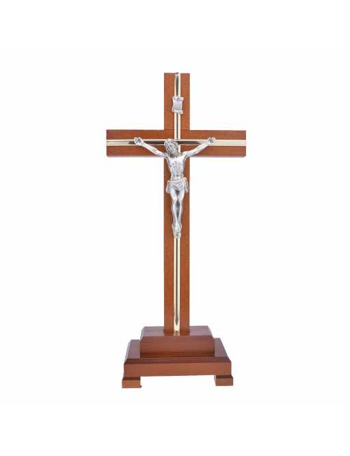 Crucifix sur pied / calvaire / croix sur pied en bois foncé naturel et métal