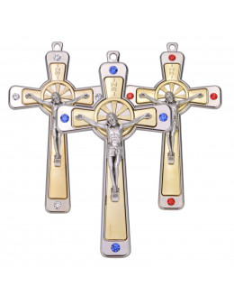 Crucifix / croix métal argenté et doré avec brillants 12 cm