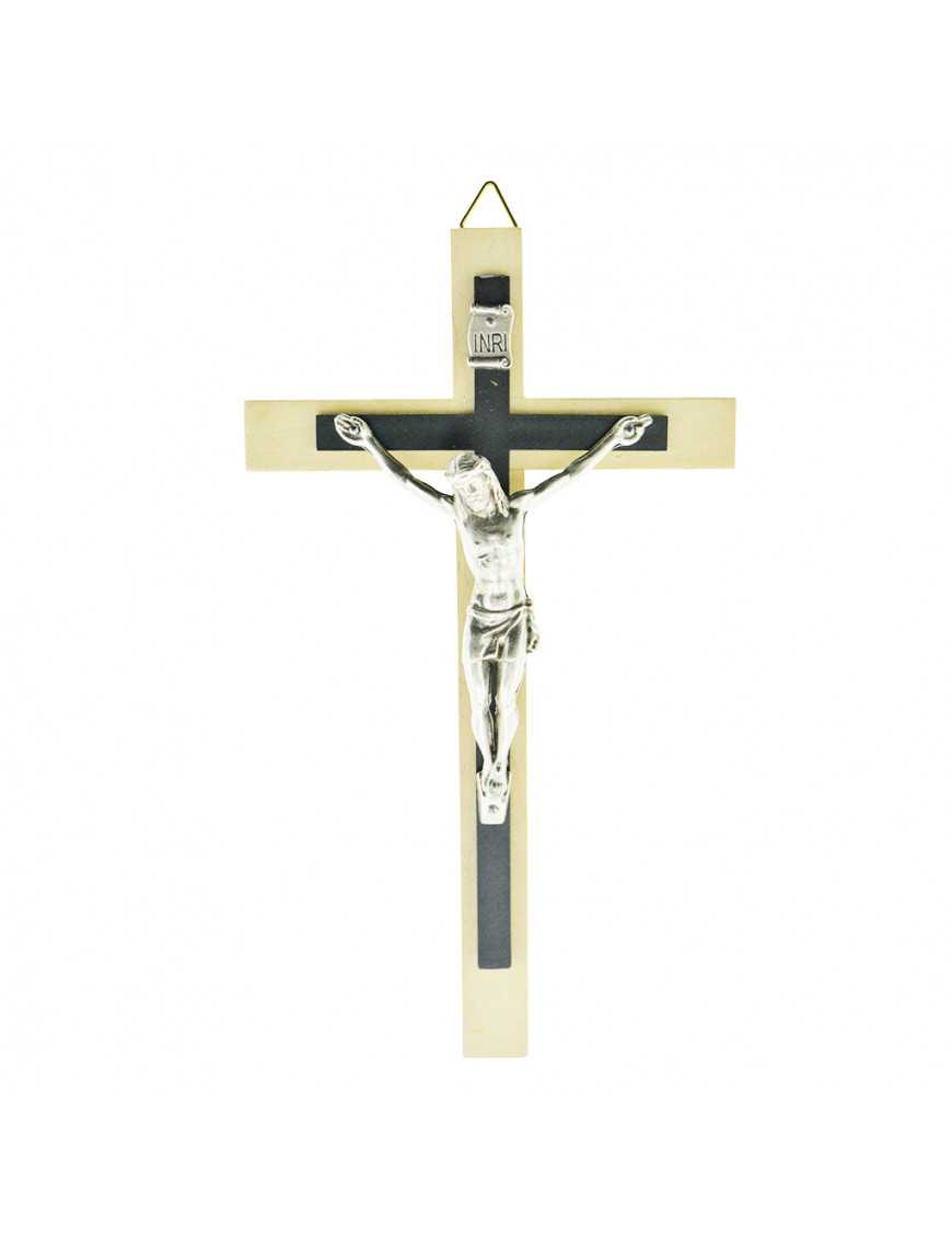 Crucifix / croix en bois clair avec croix en résine et Christ en métal argenté