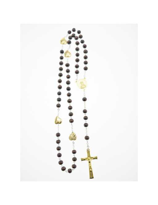 Chapelet perles bois foncé et paters coeurs dorés gravés de l'Apparition
